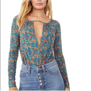 FREE PEOPLE Floral Print Bodysuit Turquoise Women's Size XS NWT $78